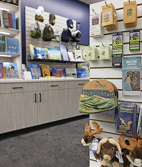 A photo of gifts for sale at the Alaska Geographic store located in the Bering Land Bridge Preserve Heritage Center.