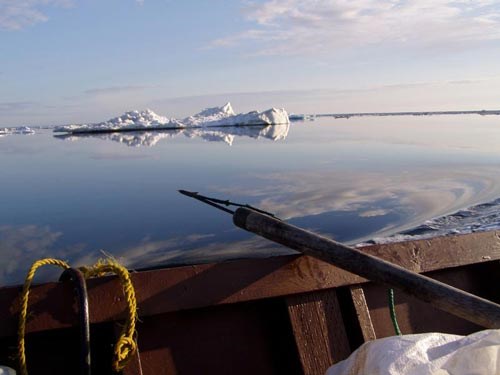 A seal-hunting harpoon rests on the edge of a wooden boat, with glassy water and sea ice in the background