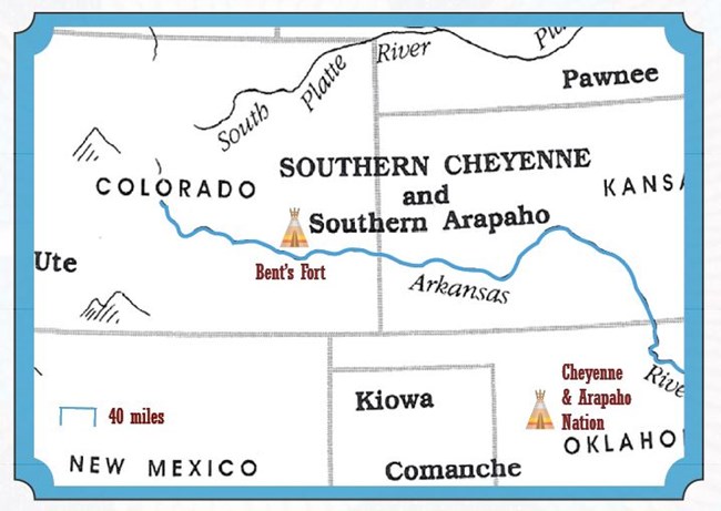 Map of southwest showing location of Bent's Fort in CO and Cheyenne Arapaho reservation in OK with Arkansas River in between