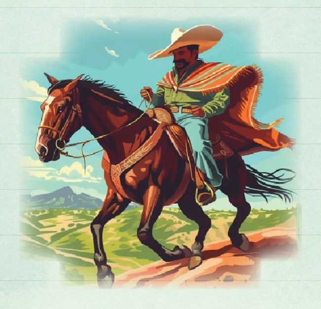 colored sketch of Mexican vaquero riding horse in hat and sarape