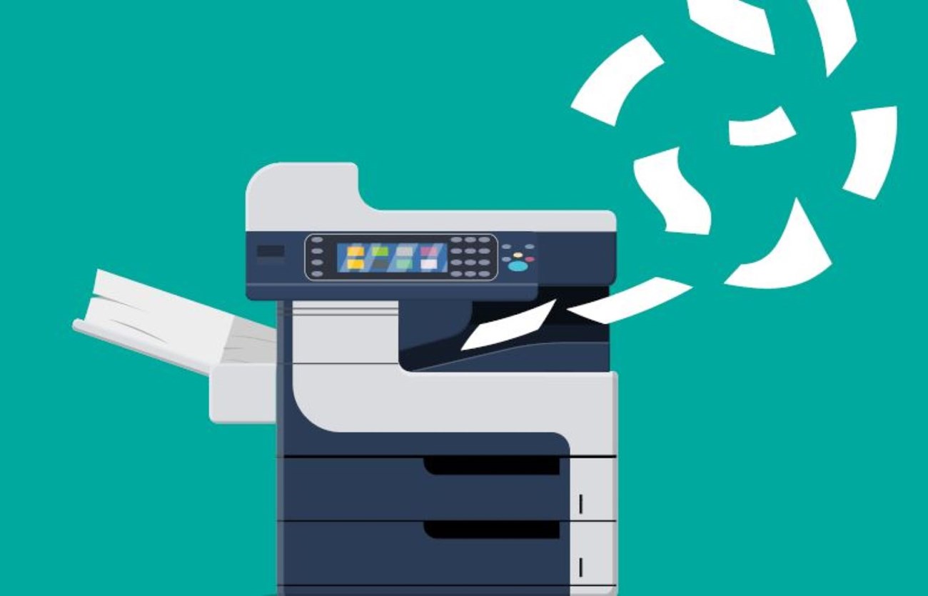 graphic image of copier with pages flying in front of teal green background