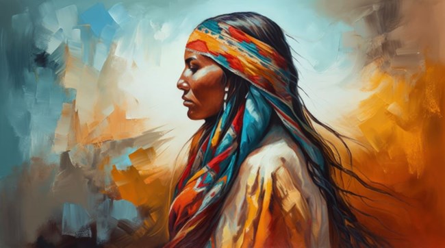 Painting of Native American woman profile using golds and blues