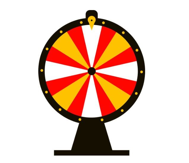 a red, gold, and white spinning game wheel