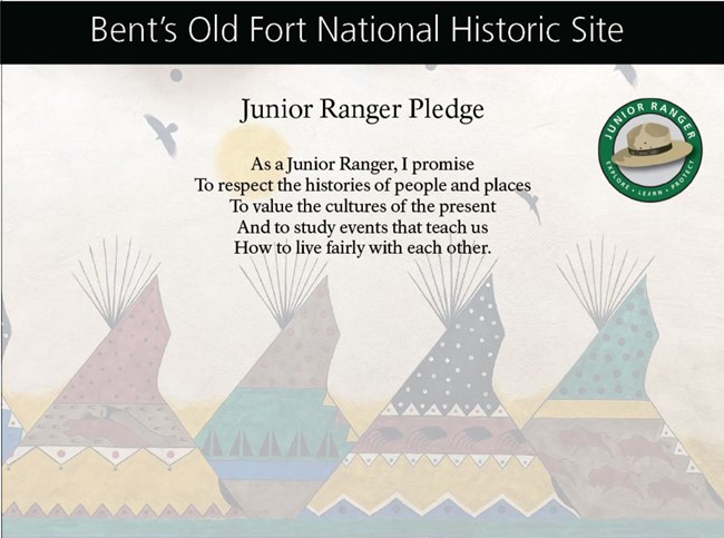 Painting of four tipis with text of Junior Ranger pledge and ranger logo