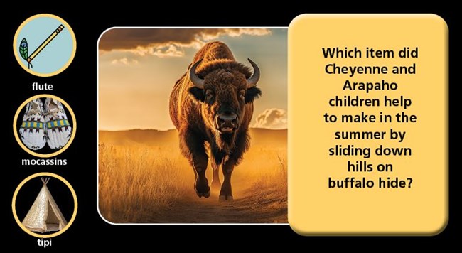 Image of running buffalo with 3 circular images to the left which are a flute, a pair of mocassins, and a tipi. The right hand side poses the following question:  Which item did Cheyenne and Arapaho children help to make in the summer...?