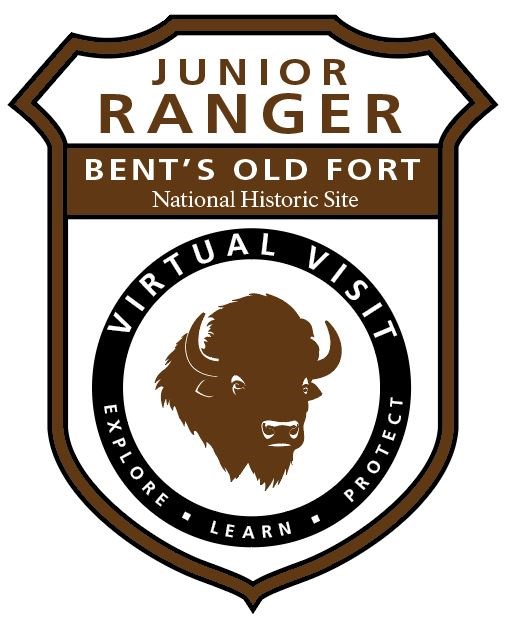 An NPS styled arrowhead badge for Bent's Old Fort National Historic Site in black and brown colors with a buffalo head in the center