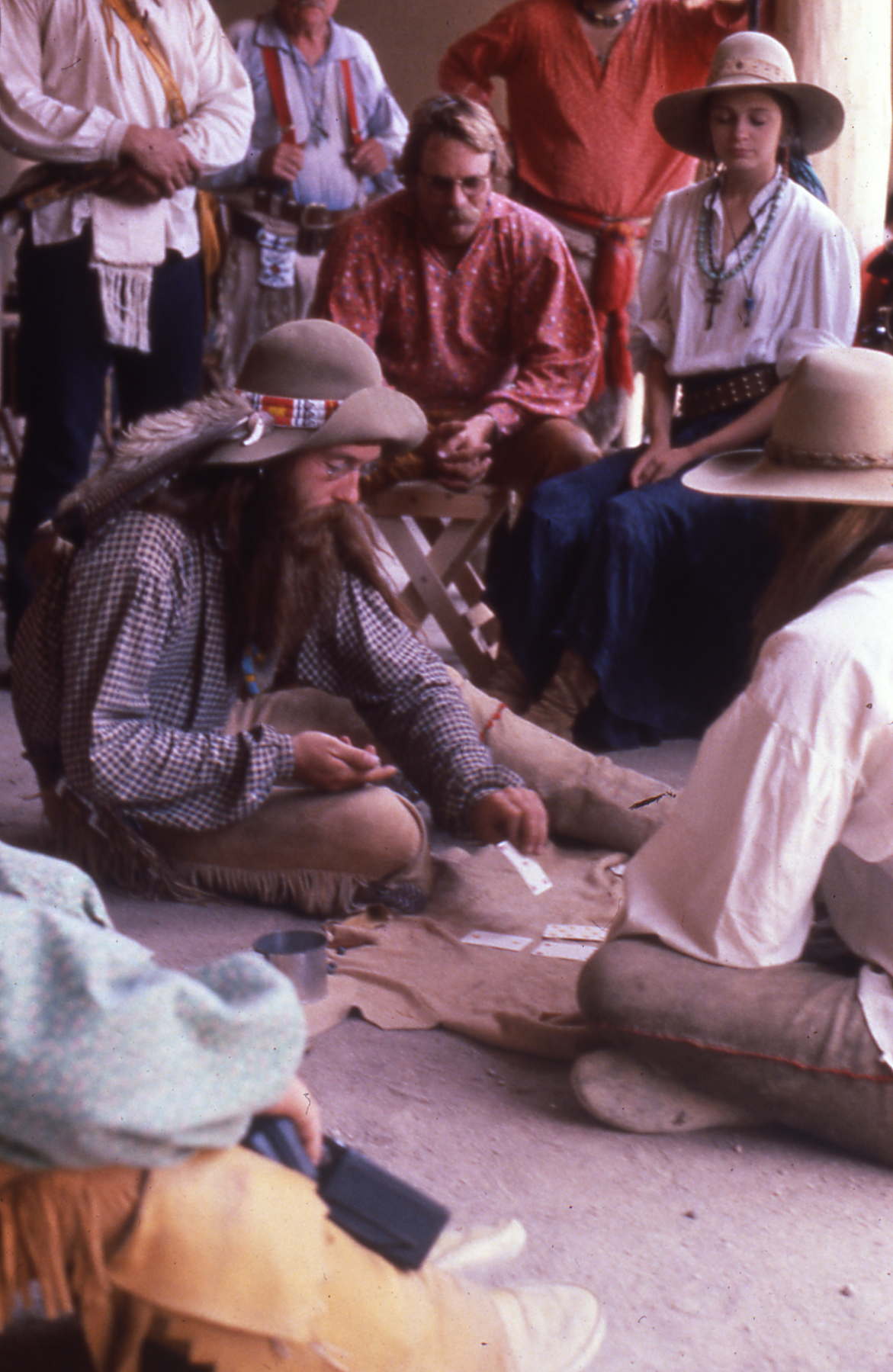 Living Historians play cards at the fort in the 1970s.
