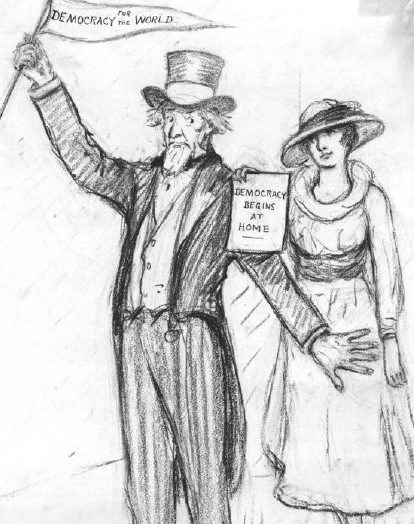Political cartoon of Uncle Sam holding a pendant in his raised right hand that reads "Democracy for the World." His left arm blocks a woman behind him who holds a paper that  reads "Democracy Begins at Home."