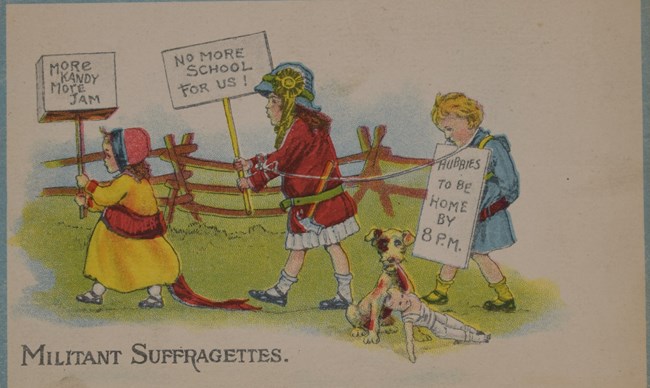 Postcard with a full color illustration of a group of girls marching with signs that read: "No more school for us!" "Hubbies to be home by 8 p.m." and "More kandy more jam."