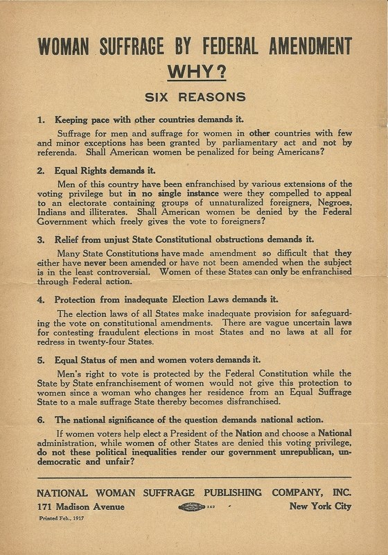 A flier titled "Woman Suffrage by Federal Amendment. Why? Six Reasons"