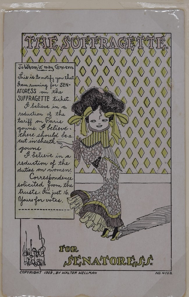 Postcard with illustration of a woman candidate for Senate in an evening gown. She is pointing to a letter that outlines her campaign platform.