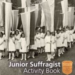 Belmont Paul Junior Suffragist Book with photo of a group of girls dressed in white holding tri-colored banners