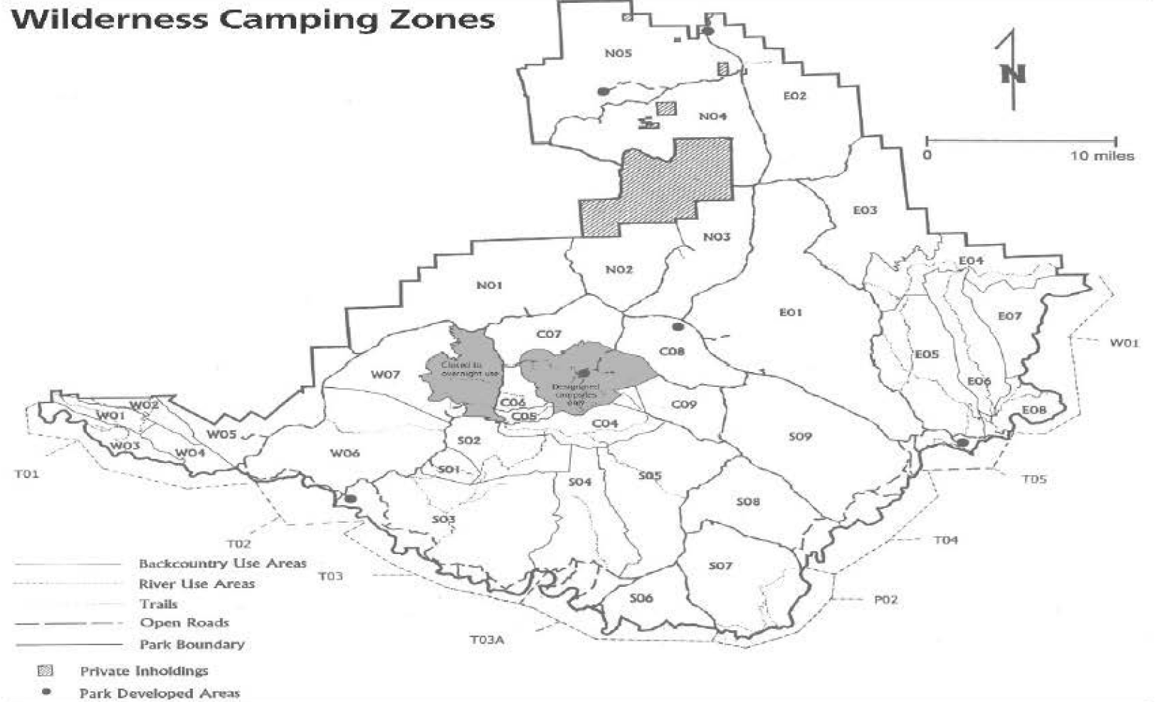 Map of wilderness camping zones. It also shows other features like private inholdings and developed areas. Find a table of the zones below the map.