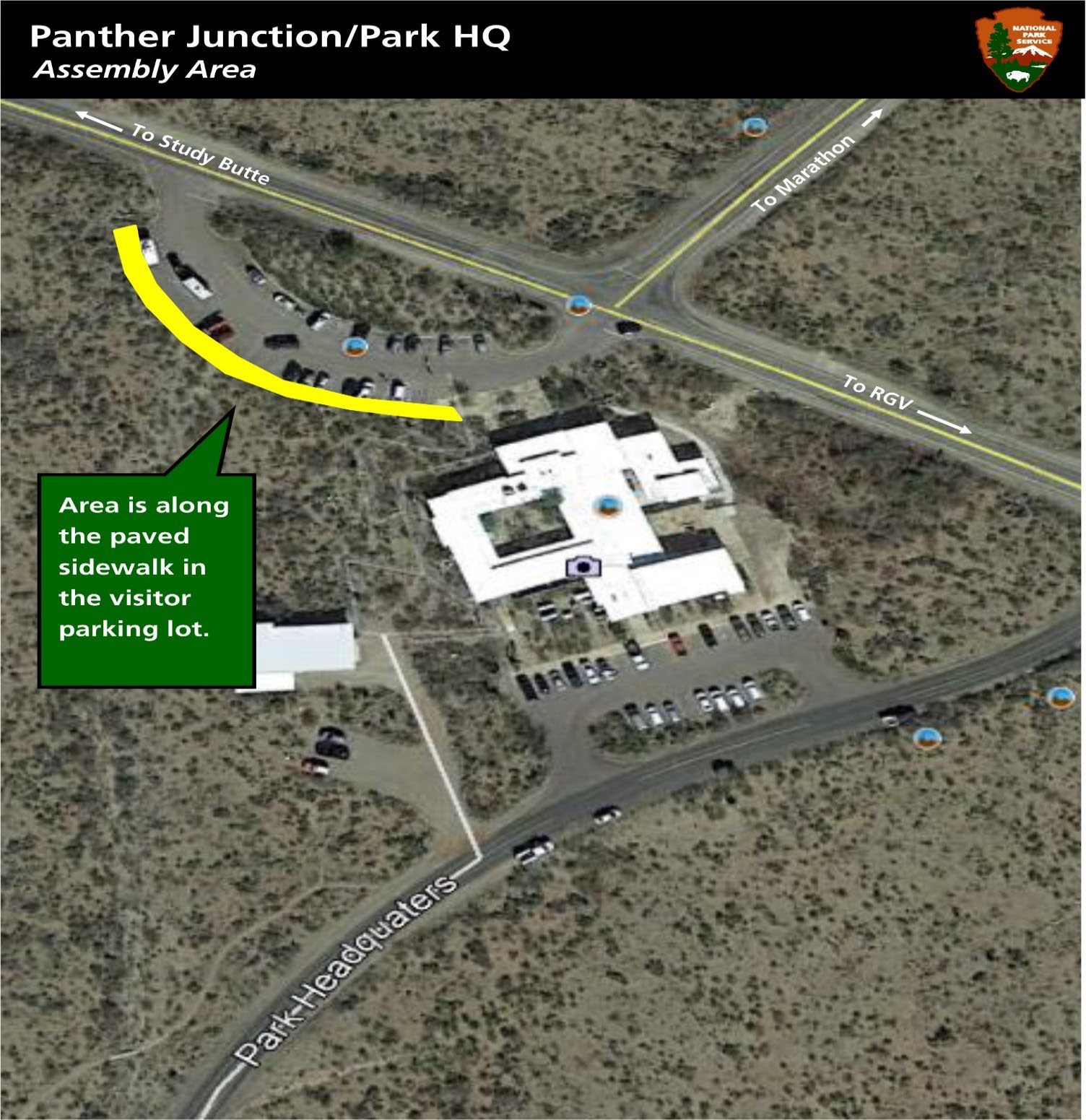 Map of Panther Junction and Park HQ assembly area location. Full description of map below image.