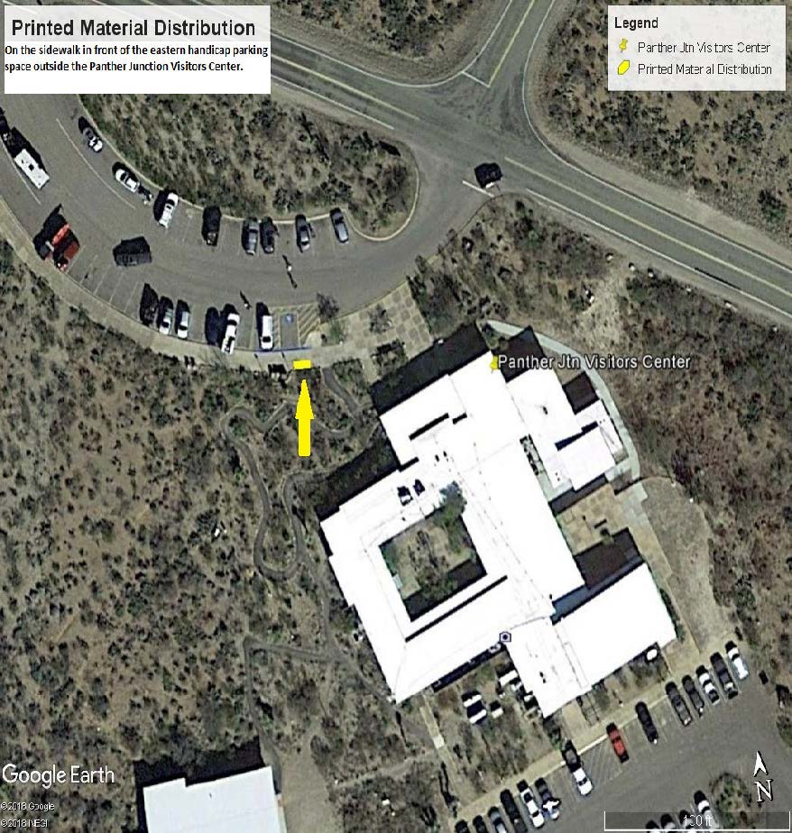Map of the Panther Junction Visitor Center area showing the location for sale or distribution of printed matter. Full description of map below image.