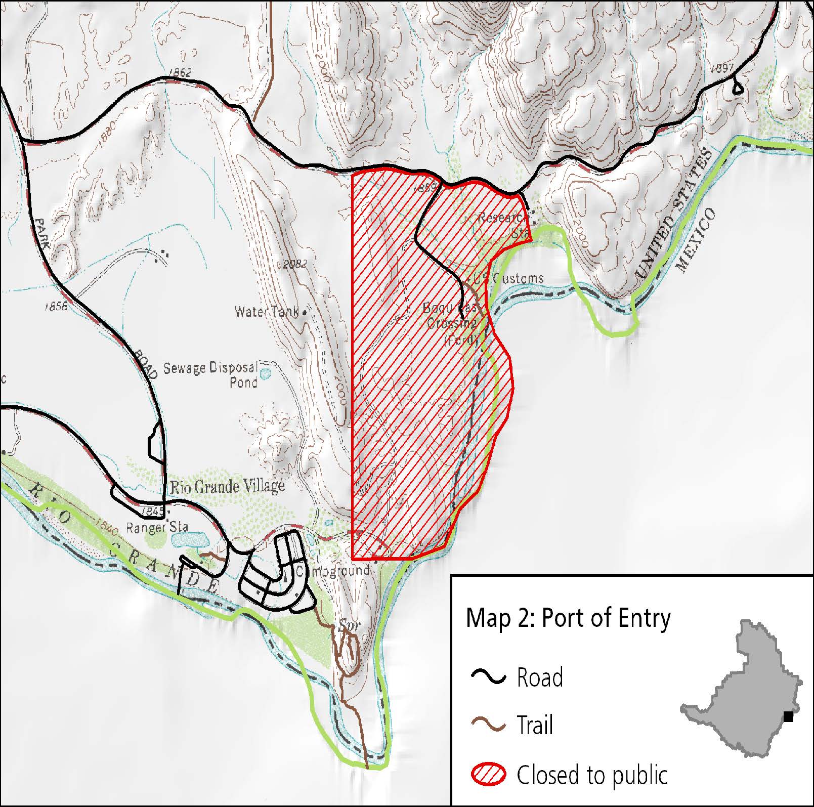 Map of the port of entry closure. Full description of map below image.