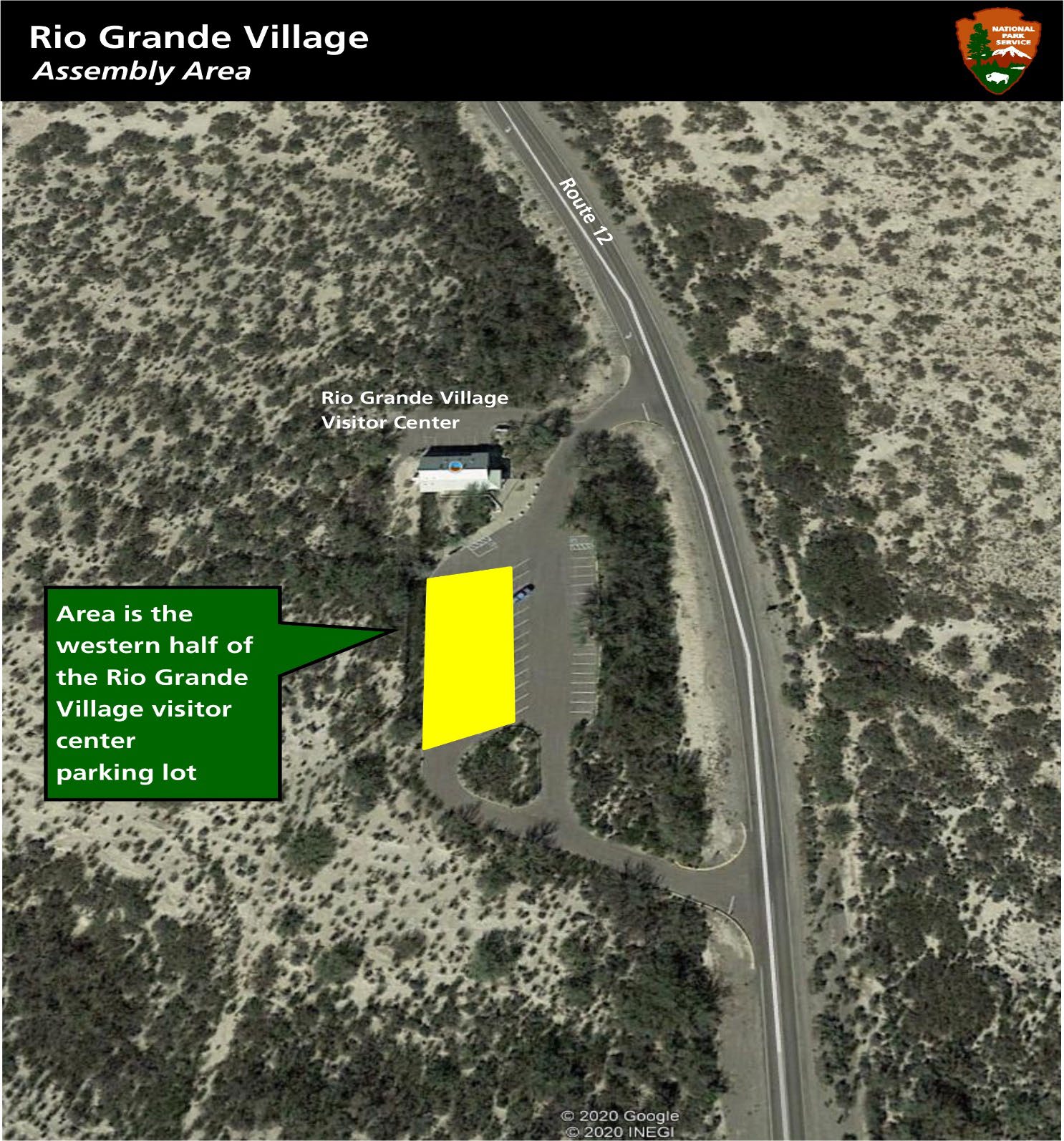 Map of the Rio Grande Village assembly area location. Full description of map below image.