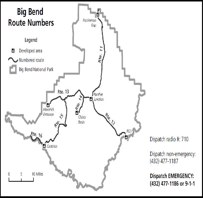 Map of Big Bend route numbers. Full description of map below image.