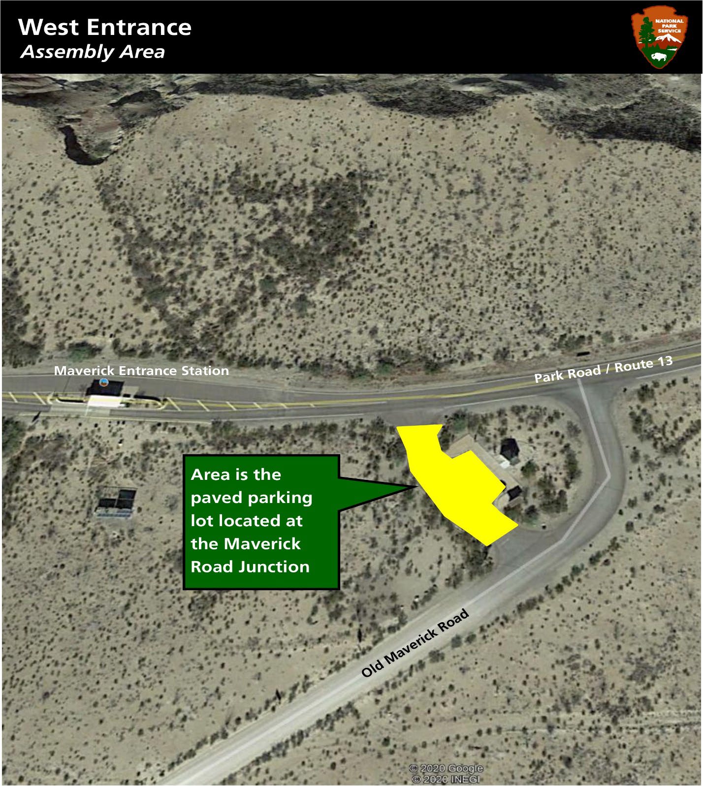 Map of the West Entrance assembly area location. Full description of map below image.
