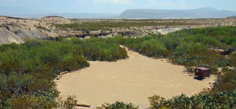 Glenn Springs 1 Campsite is located along the rugged Black Gap Road. It is surrounded by thick vegetation.