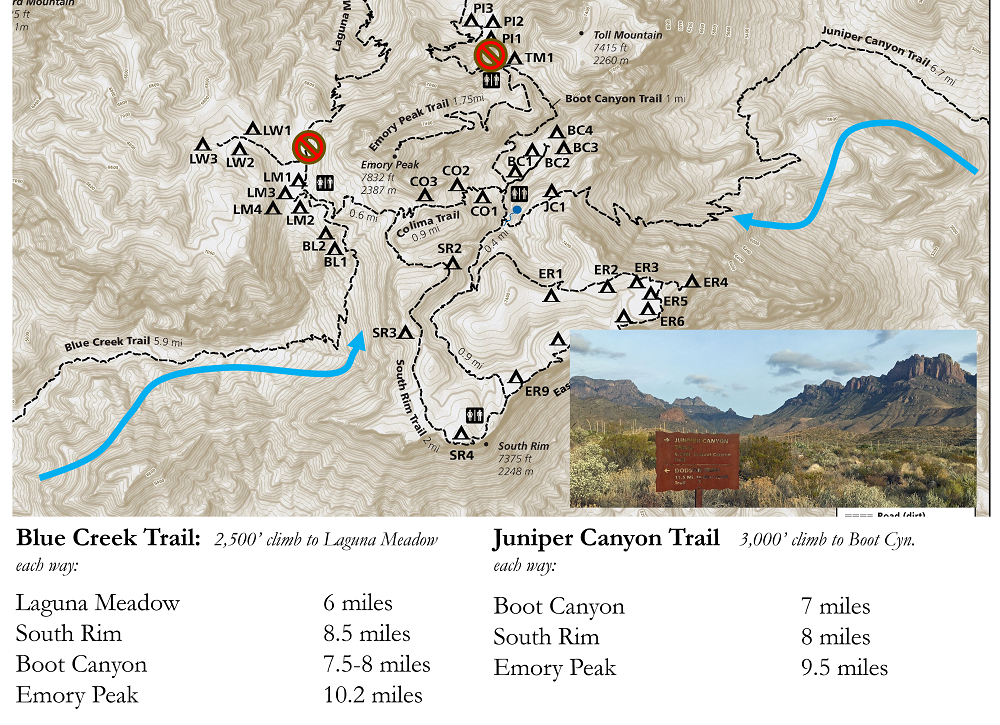 Map showing one-way distance and elevation to High Chisos trails area