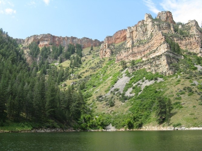 A tall canyon wall is covered in greenery with water in the front.