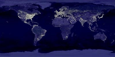 View of the earth from space at night, showing the distribution of light pollution