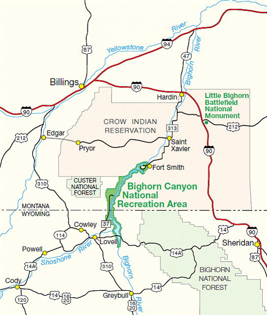 road map showing the location of Bighorn Canyon National Recreation area and two visitor service centers at north and south ends