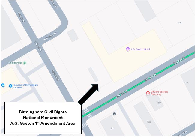 A map indicating a grassy spot between a parking lot and the A.G. Gaston Motel.