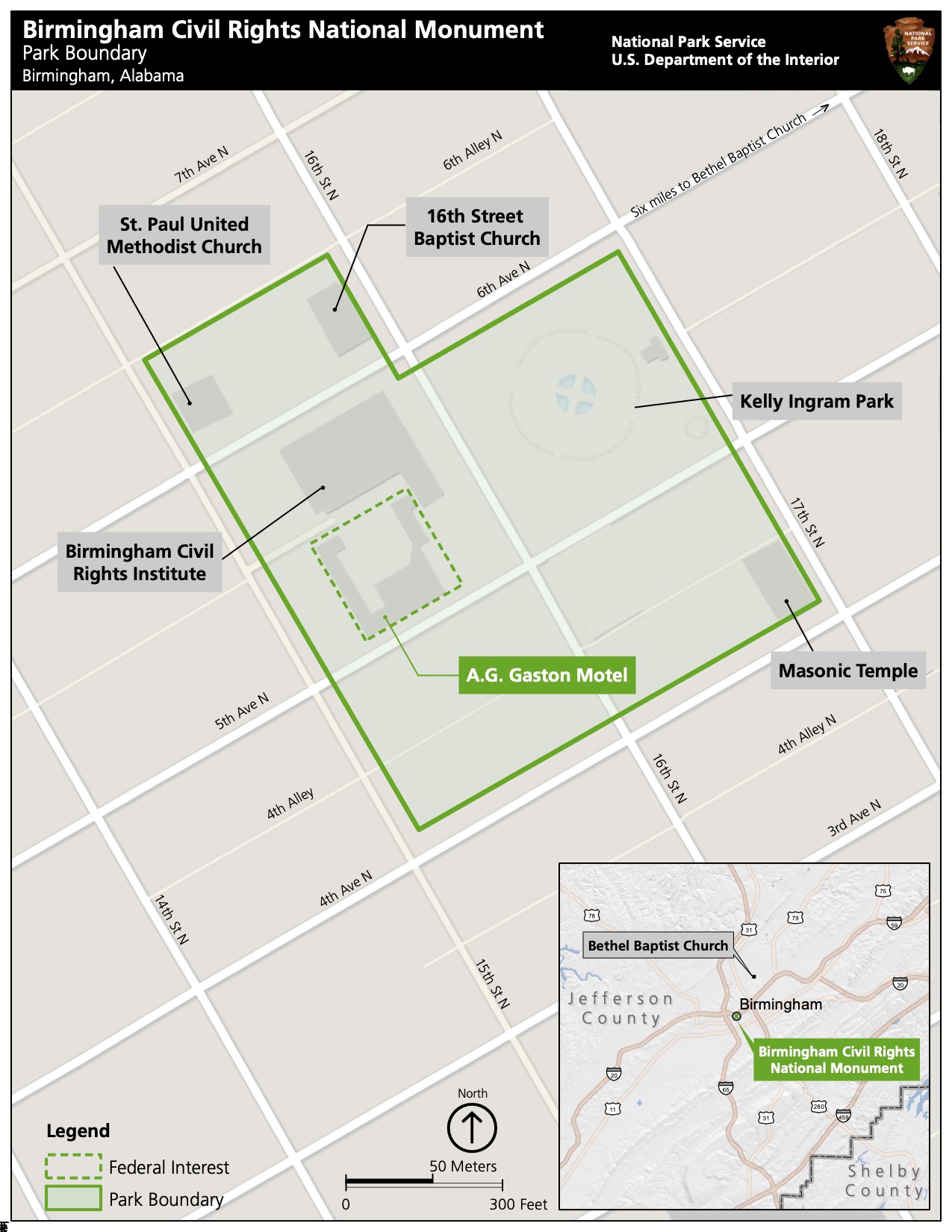 Map of sites within Birmingham Civil Rights National Monument