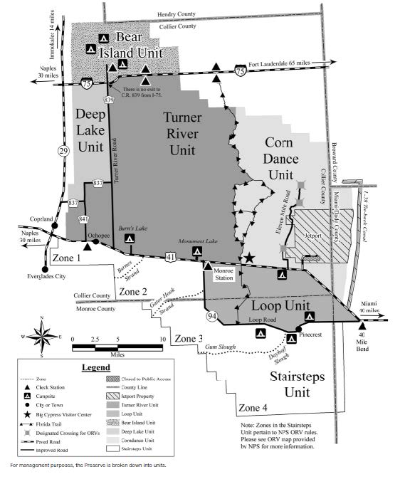 Map of units and other features within Big Cypress National Preserve. Additional alt text below map.