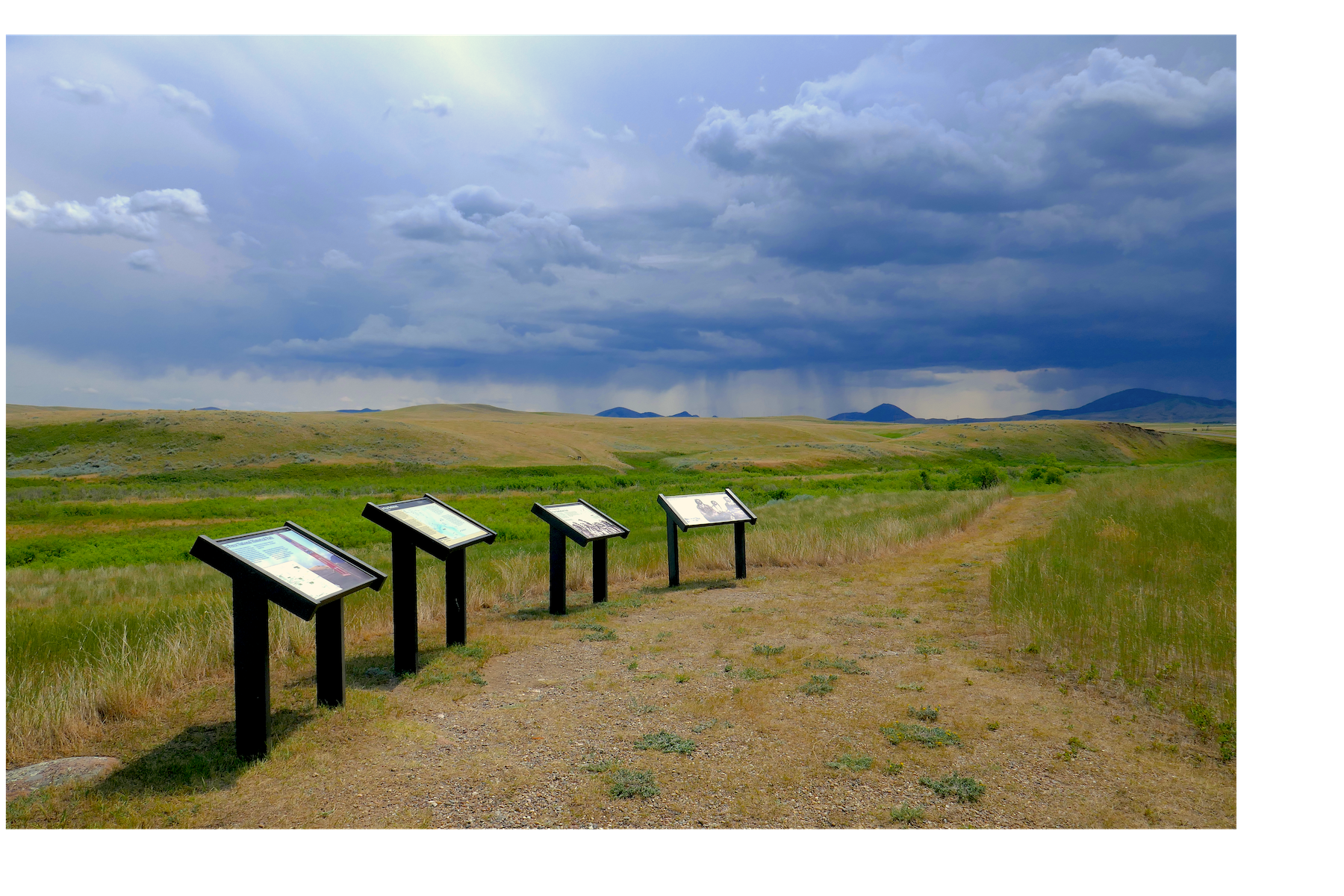 Four wayside signs are posted on a grassy hill overlooking the battlefield.