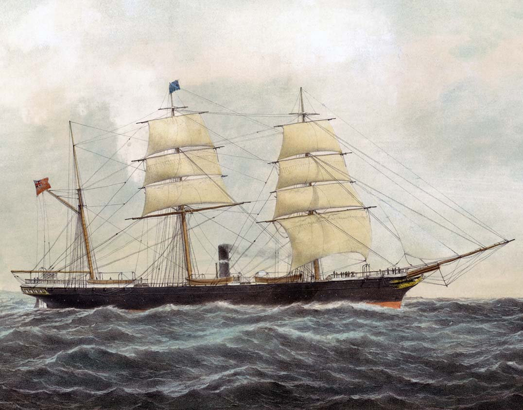 Painting of a large three-masted ship.