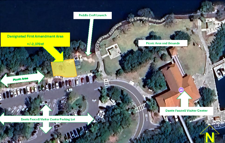 Map of designated areas for public assemblies/meetings and sale/distribution of printed matter (first amendment activities)