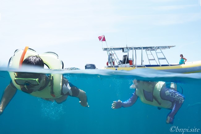 Snorkelers swimming near a boat with a red and white dive flag