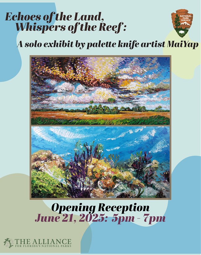 Echoes of the Land, Whispers of the Reef: A solo exhibit by palette knife artist MaiYap.  Featured up top is a palette knife painting of white clouds in a blue sky over a green tree island surrounded by golden grasses. Featured below is a coral reef scene