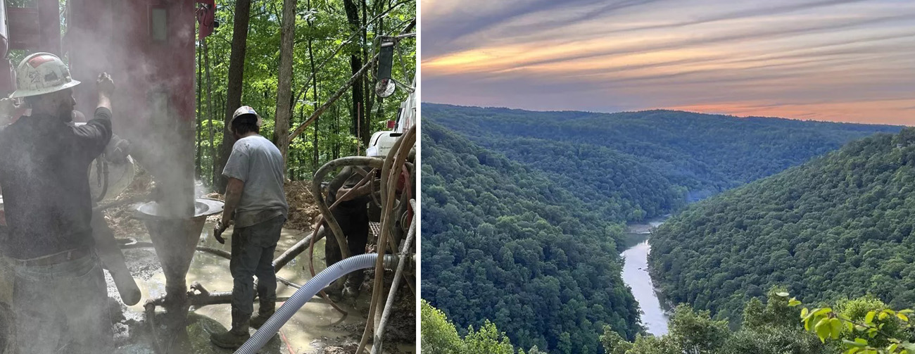 Collage of two pictures. One of two men plugging up an oil well working. And the other side is an overlook view of Big South Fork.