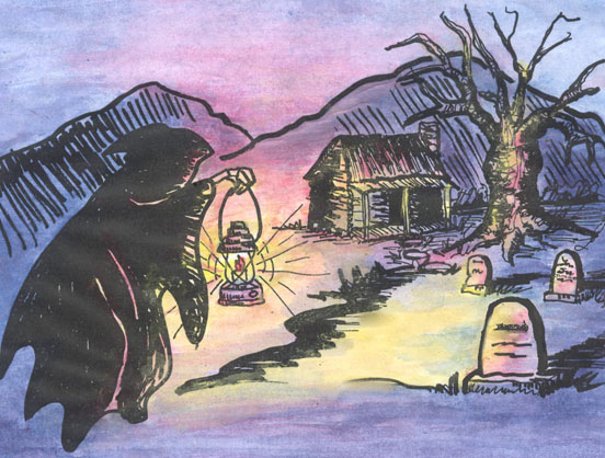 Artwork with witch carrying lantern towards cabin