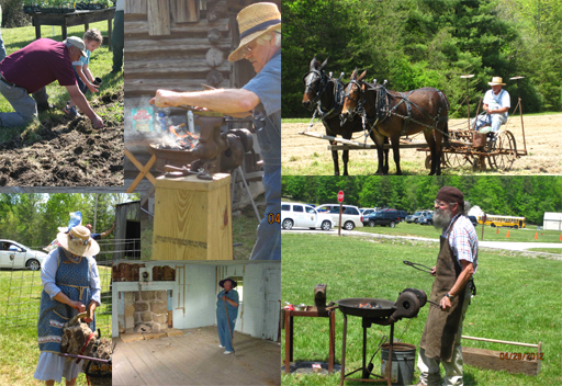 various people doing tasks such as blacksmithing, plowing with mules, working with animals, cleaning house