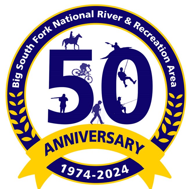 Blue and yellow circlular logo with 50th anniversary