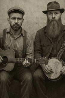 Antique finish photo with two males sitting with music instruments.