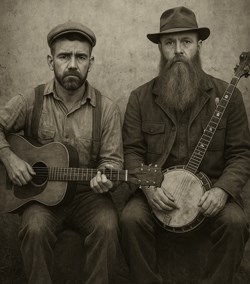 Two men sitting in an antique photo one on the left is playing a guitar and the other a banjo.