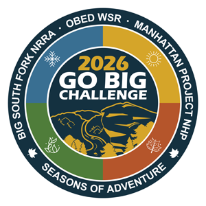 2026 Go Big Challenge logo features four seasonal symbols: snowflake (winter), sun (summer), green leaves (spring), and orange leaf (fall). A bridge silhouette spans the center, surrounded by park names and the tagline "Seasons of Adventure."