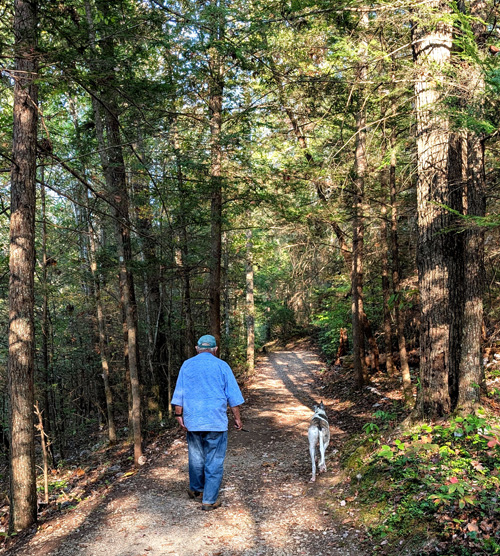A man walking down a road walking a dog