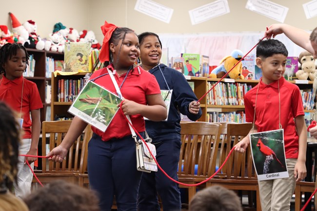 Students work together to form a food web using yarn and animal picture necklaces.