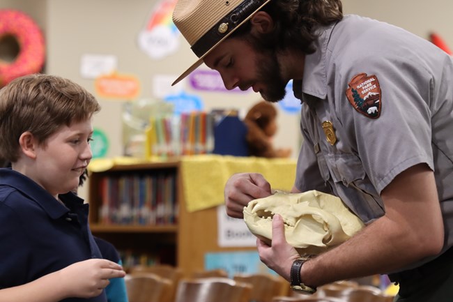 A student reaches out to touch a bear skull prop being held by a Ranger
