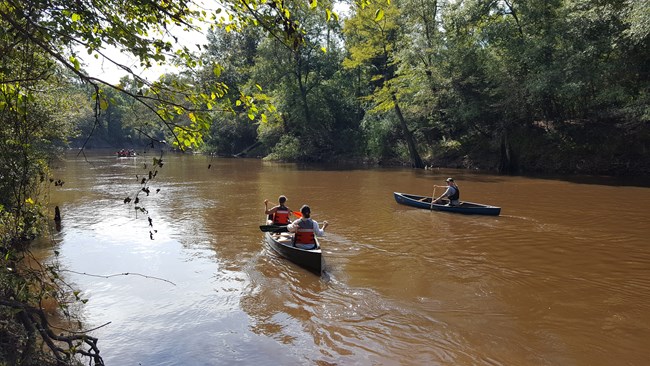 people in 2 canoes on a river