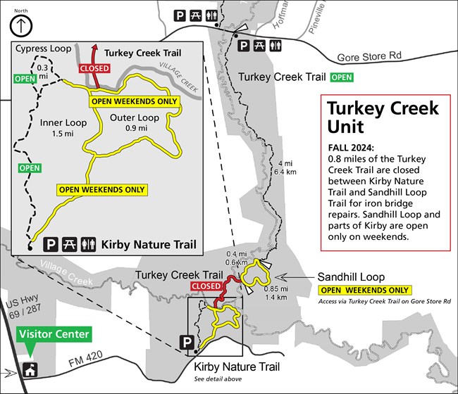 trail map showing closures in Turkey Creek Unit. Text reads: Fall 2024: 0.8 miles of the Turkey Creek Trail are closed between Kirby Nature Trail and Sandhill Loop Trail for iron bridge repairs. Sandhill Loop and parts of Kirby are open only on weekends.