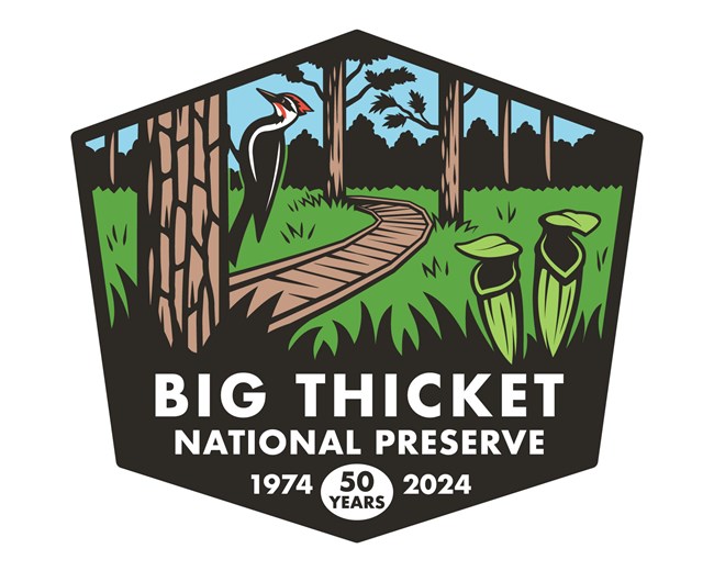 an illustration of a pileated woodpecker perched on a pine tree; a wooden boardwalk curving into a meadow; 2 pitcher plants with open funnels; and text that reads "Big Thicket National Preserve: 50 years, 1974-2024."
