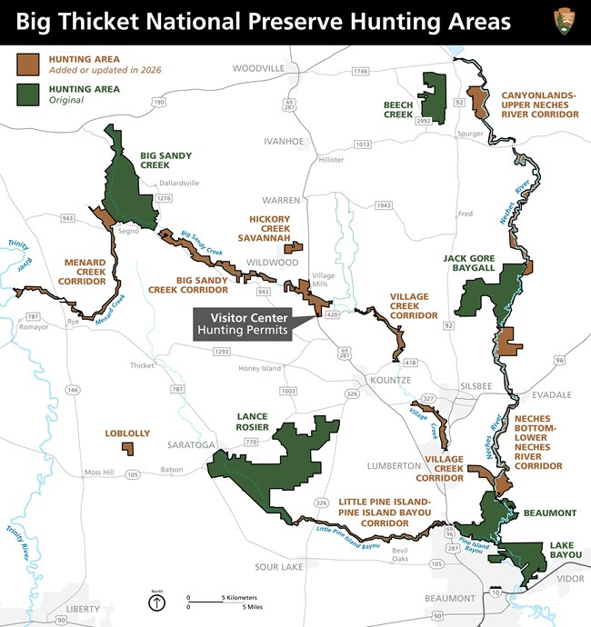 A simple map of Big Thicket National Preserve hunting areas, shown in dark green or brown. Hunting areas in green are original hunting areas. Hunting areas in brown were added or updated in 2026. The visitor center is shown in the middle of the map.